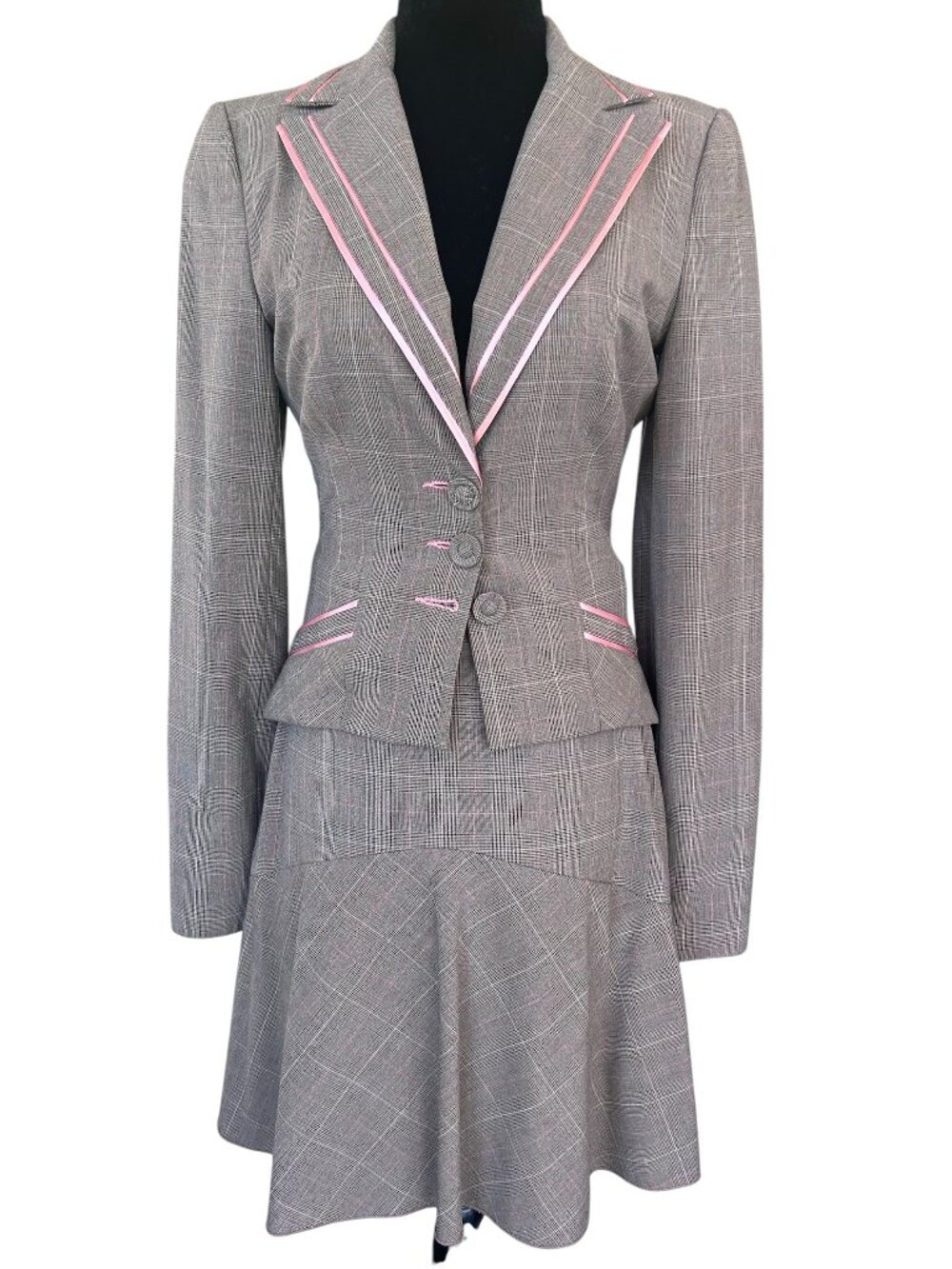 Bebe Brown Glen Plaid Ribbon Trim Skirt Suit Set